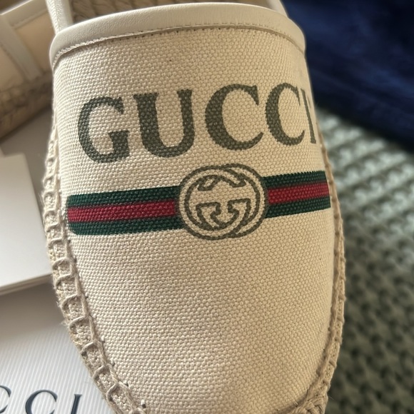 GUCCI Women's GG Logo EU 39 Web cream color Canvas Espadrilles Flats - Picture 3 of 16